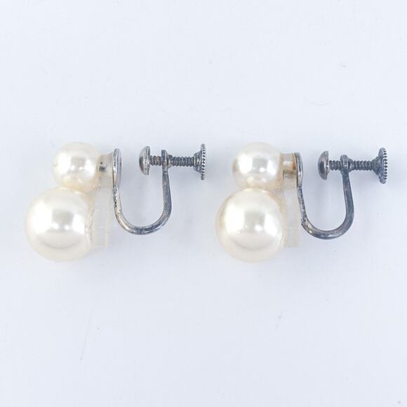 Vintage Sterling Silver 925 Faux Pearl Double Drop Screwback Earrings - Picture 4 of 8